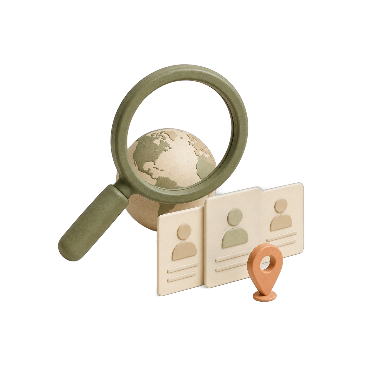 Discovery and enrichment: a globe, magnifier, and contact cards