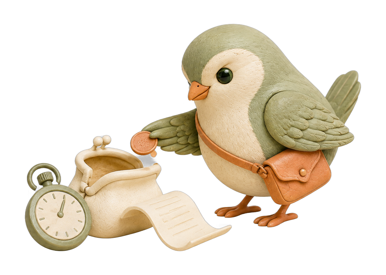 Wikshi returning a coin to a purse beside a stopwatch and receipt